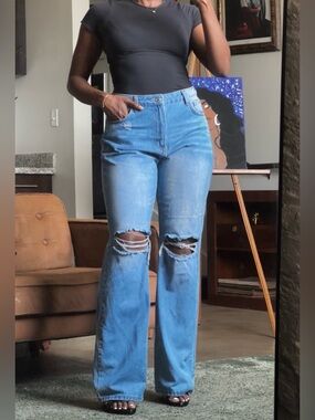 SHEIN Tall Wide Leg Jeans Light Wash Distressed Knee Denim, Large